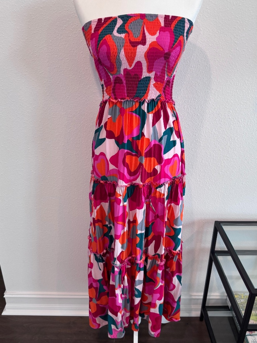 ABEL THE LABEL Women’s Floral strapless Tiered Maxi Dress w/Smocked Bodice XS